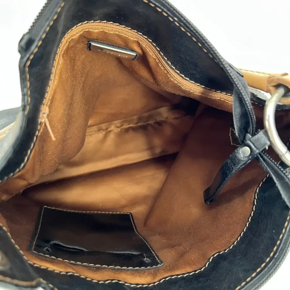 Coccinelle Hobo Shoulder Bag Black Leather Brown Strap Stitching Italian READ